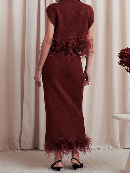 Feather Knitted Sleeveless Two Pieces Dress