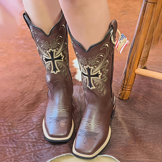 Square-toed Embroidered Leather Western Boots