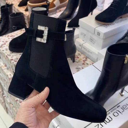 Rhinestone Sparkle Crowded-Heeled Square-Toe Boots