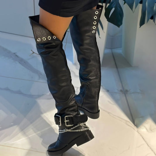 Buckle Chain Trim Knee Boots