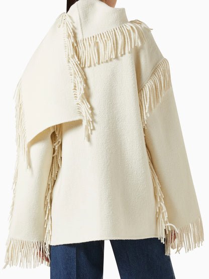 Fringed Trims High Neck Jacket With Attached Scarf