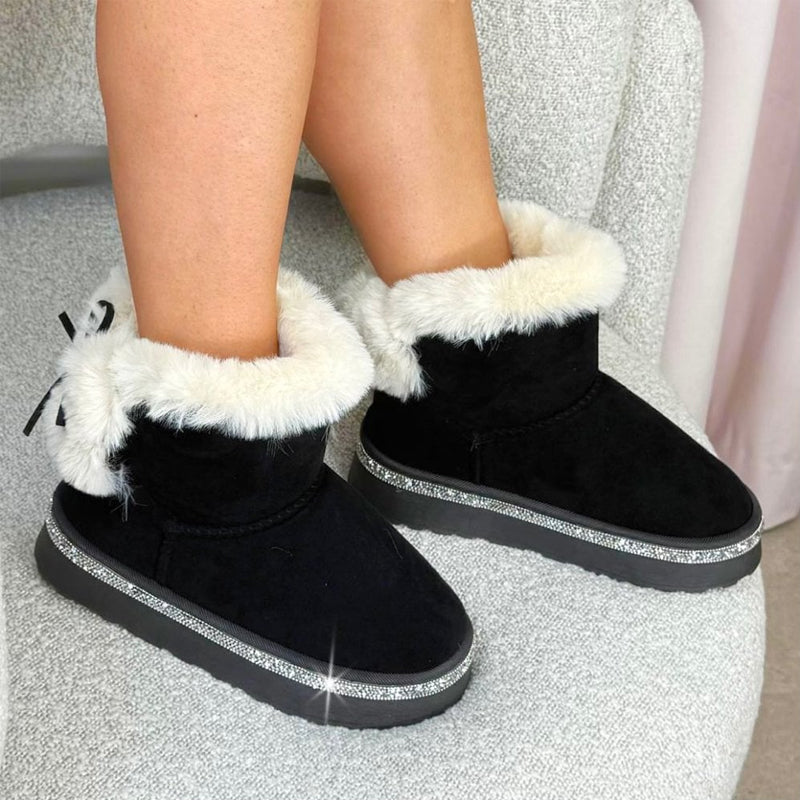 Crystal Trim Plush Faux Fur Slip-on Boots