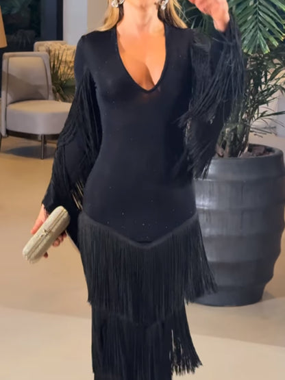 Deep V Neck Tassel Glitter Dress