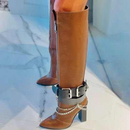Point Toe Buckle Chain High Heel Boots