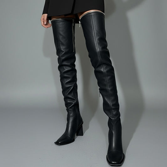 Square-Toe High-Heeled Over-the-Knee Boots