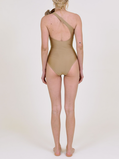 One-shoulder 3D Flower Solid One-piece Swimsuit