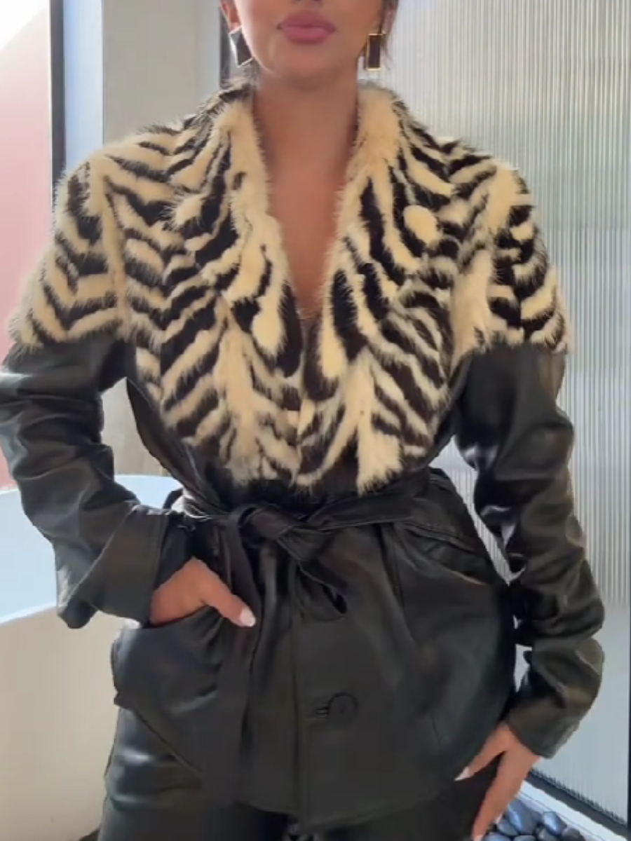 Faux Fur-Patchwork Leather Coat