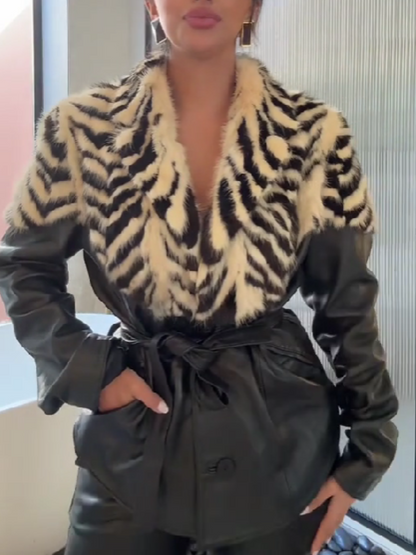 Faux Fur-Patchwork Leather Coat