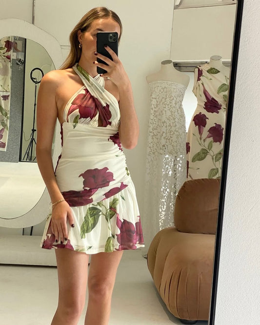 Elegant Floral Ruched Bodycon Mini Dress