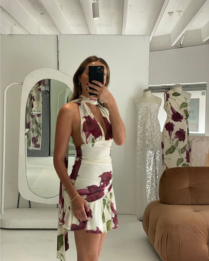 Elegant Floral Ruched Bodycon Mini Dress