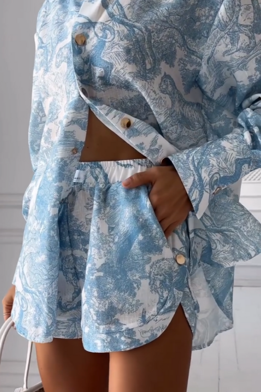 Blue And White Print Two-piece Set