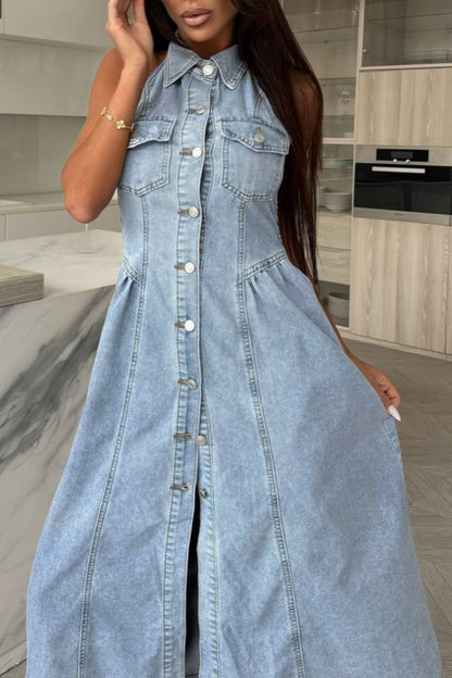 Casual Sleeveless Denim Shirt Dress