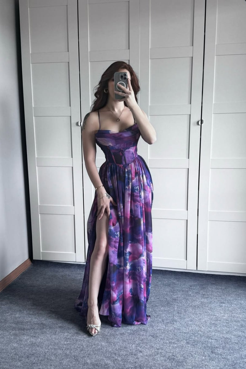 Purple Floral Slit Maxi Dress