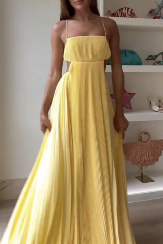 Yellow Strapless Pleated Maxi Dress