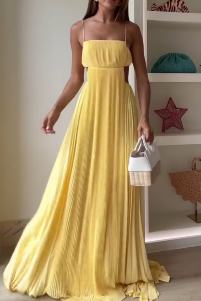 Yellow Strapless Pleated Maxi Dress
