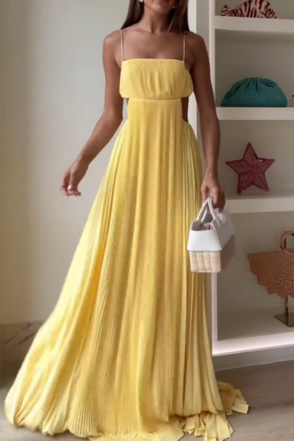 Yellow Strapless Pleated Maxi Dress