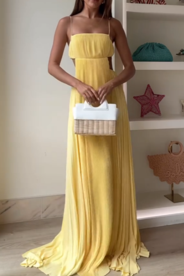 Yellow Strapless Pleated Maxi Dress