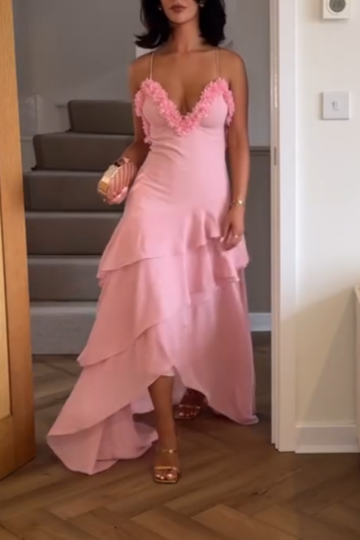 Elegant Pink Ruffled-Details Cami Maxi Dress