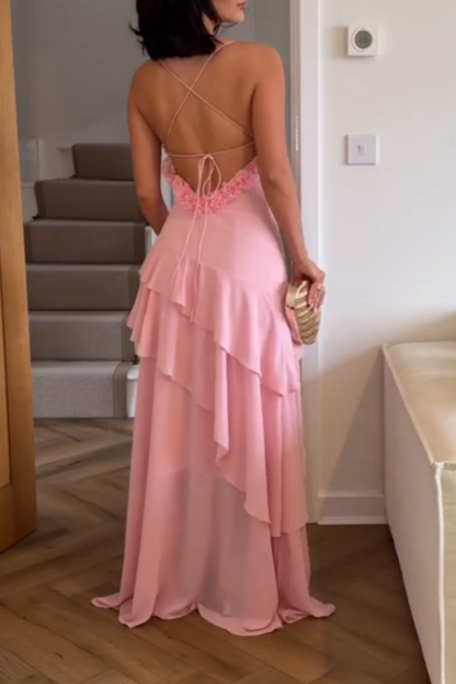 Elegant Pink Ruffled-Details Cami Maxi Dress