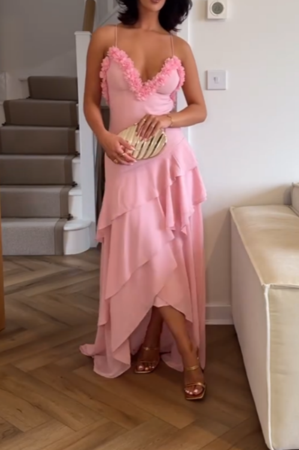 Elegant Pink Ruffled-Details Cami Maxi Dress