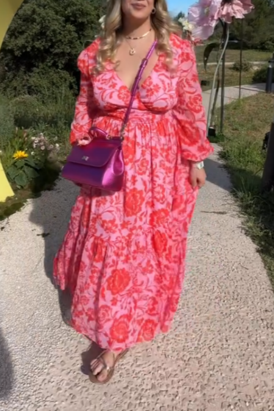 Pink Floral Long-Sleeve Maxi Dress