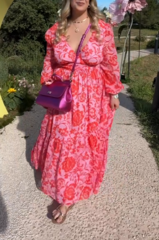 Pink Floral Long-Sleeve Maxi Dress