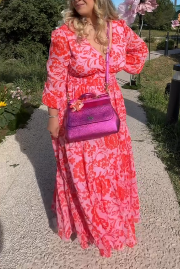Pink Floral Long-Sleeve Maxi Dress