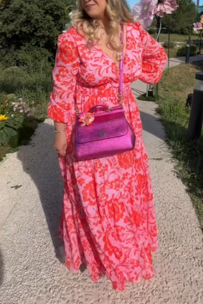 Pink Floral Long-Sleeve Maxi Dress