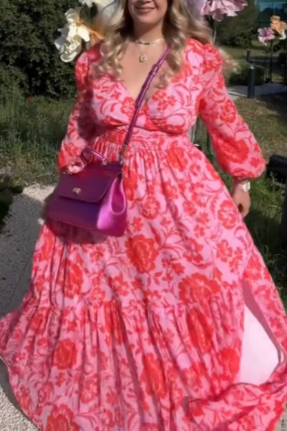 Pink Floral Long-Sleeve Maxi Dress