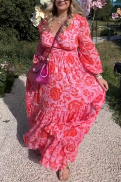 Pink Floral Long-Sleeve Maxi Dress