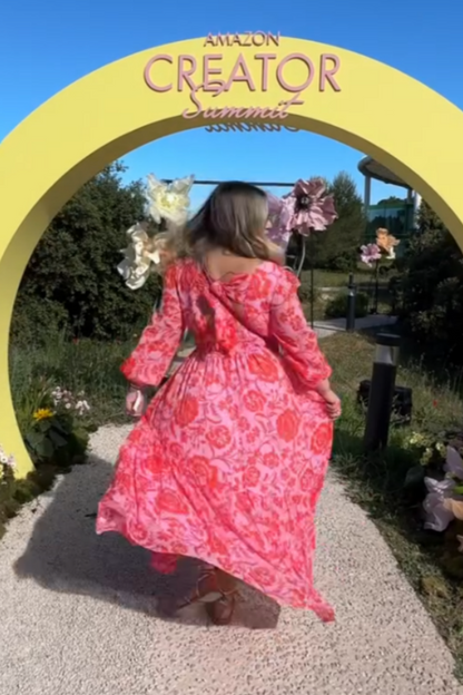 Pink Floral Long-Sleeve Maxi Dress