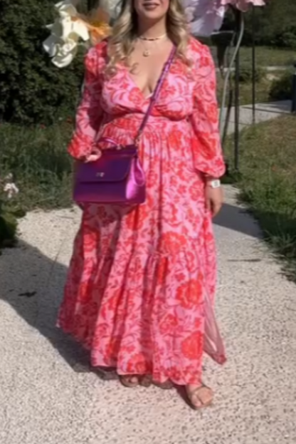 Pink Floral Long-Sleeve Maxi Dress