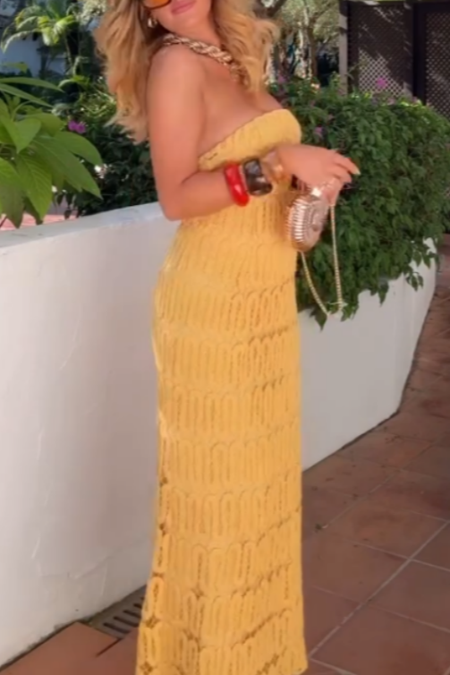 Yellow Strapless Crochet Maxi Dress