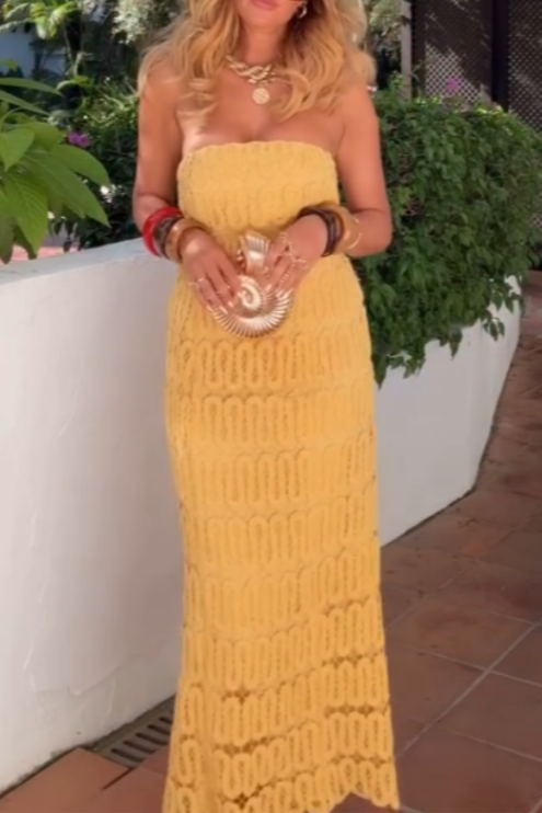 Yellow Strapless Crochet Maxi Dress