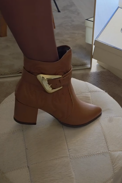 Elegant Tan Buckle-Accent Block Heel Boots