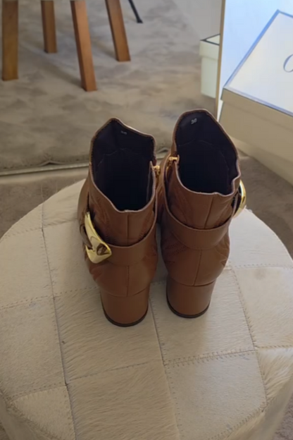 Elegant Tan Buckle-Accent Block Heel Boots