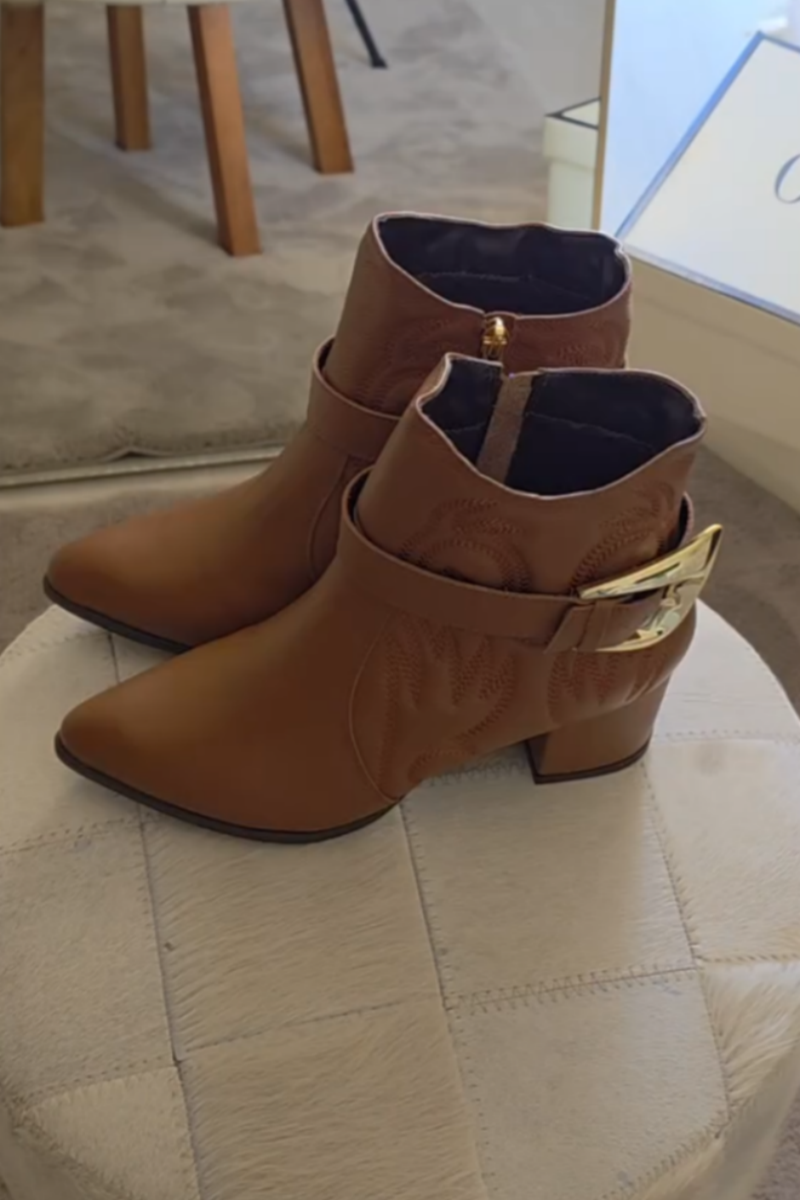 Elegant Tan Buckle-Accent Block Heel Boots