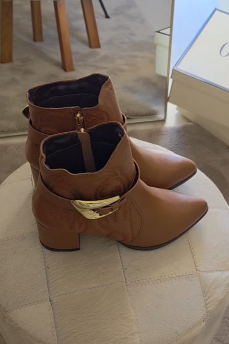 Elegant Tan Buckle-Accent Block Heel Boots