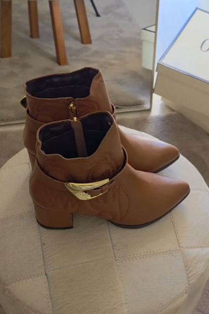 Elegant Tan Buckle-Accent Block Heel Boots