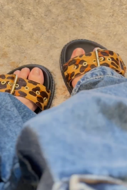Leopard Print Buckle-Front Slide Sandals