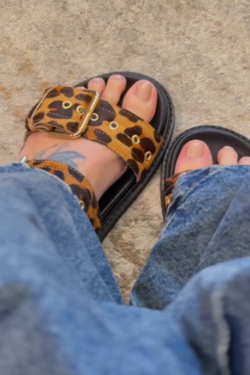 Leopard Print Buckle-Front Slide Sandals