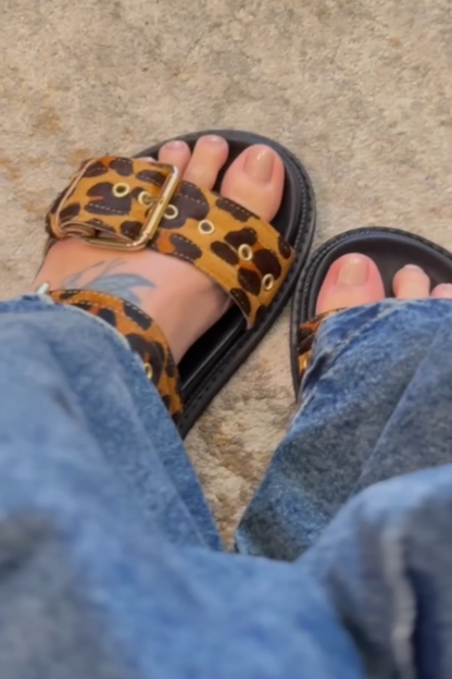 Leopard Print Buckle-Front Slide Sandals