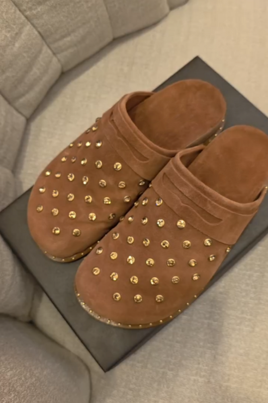 Brown Suede Embellished Mule Shoes