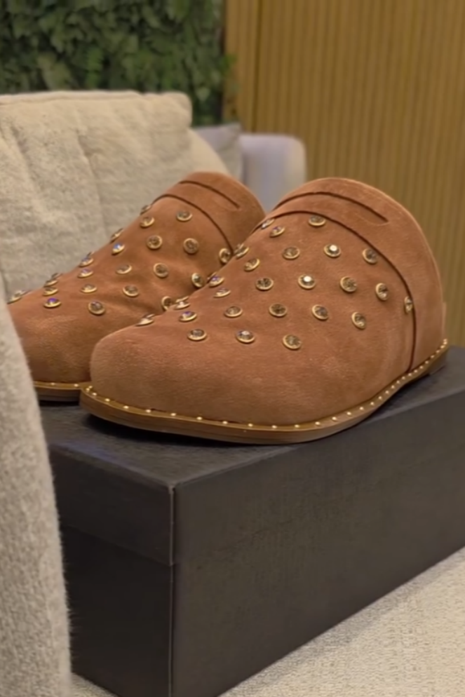 Brown Suede Embellished Mule Shoes