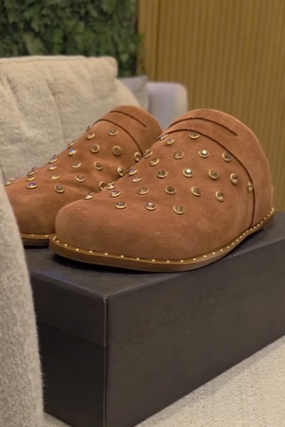 Brown Suede Embellished Mule Shoes