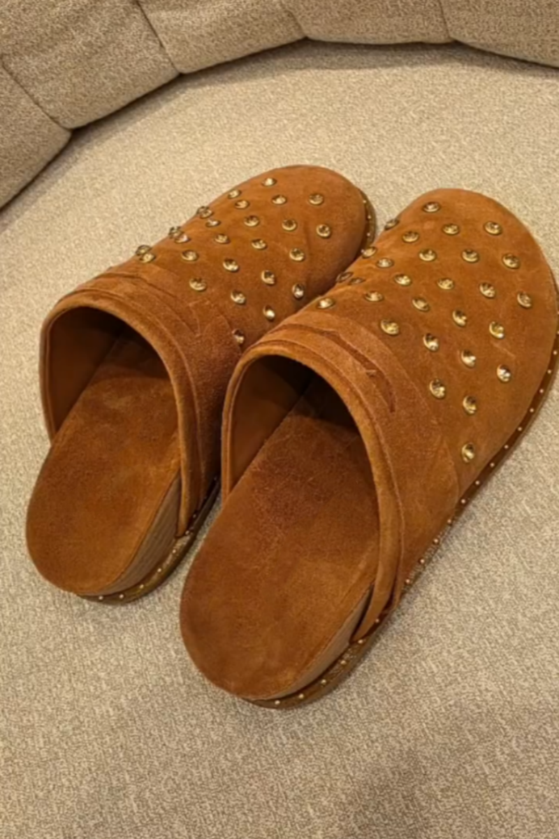 Brown Suede Embellished Mule Shoes