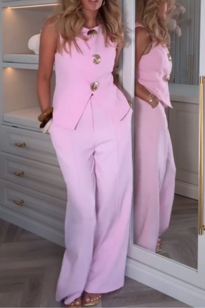 Pink Sleeveless Button-Front Two Pieces Set