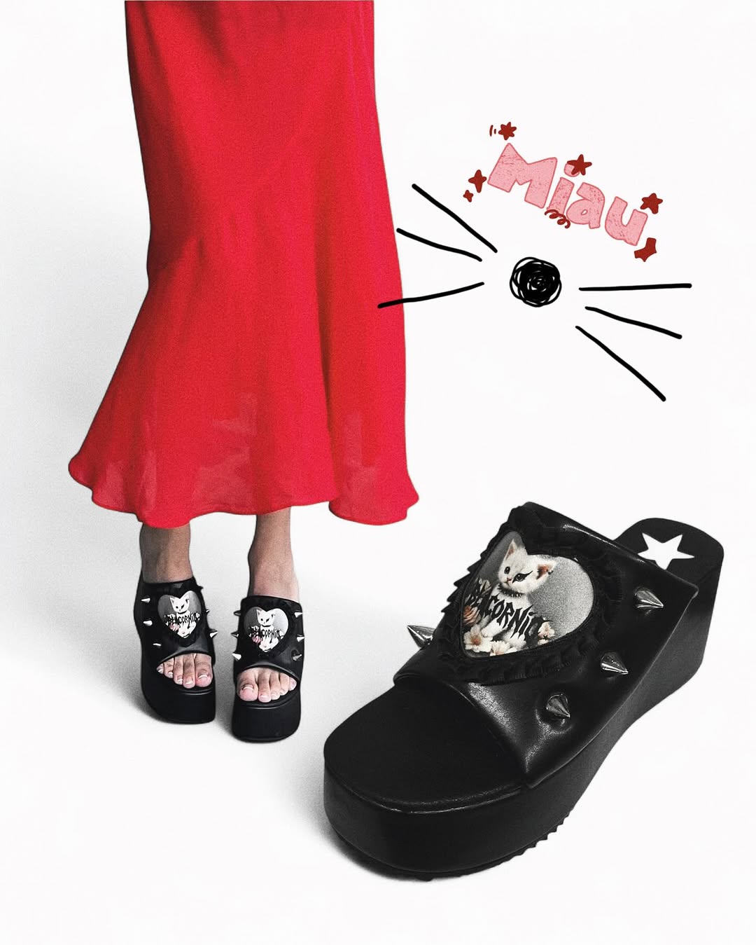 Black Open-toe Embroidered Cat Patch Sandals