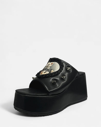 Black Open-toe Embroidered Cat Patch Sandals