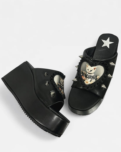 Black Open-toe Embroidered Cat Patch Sandals